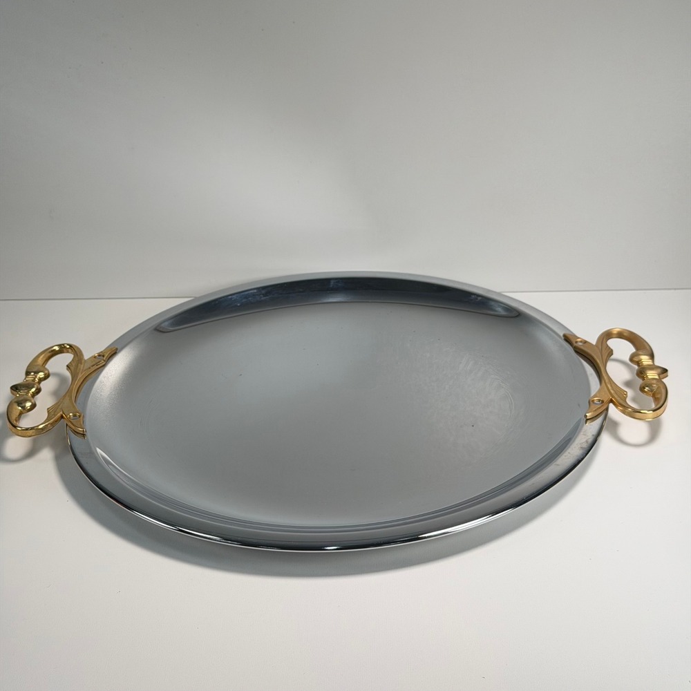 Vintage KROMEX Serving Tray Silver Gold 13" Mid Century Round‎ Butler's Tray